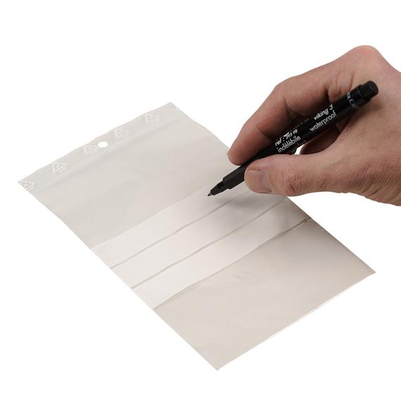 Sachet plastique transparent à fermeture zip avec bandes blanches de marquage