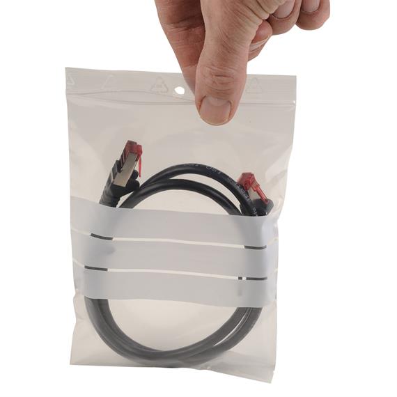 Sachet plastique transparent à fermeture zip avec bandes blanches de marquage