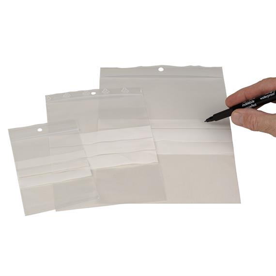 Sachet plastique transparent à fermeture zip avec bandes blanches de marquage